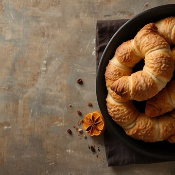 Top view cinnamon crescents arranged neatly, bird&rsquo;s eye view, warm tones, minimal table, copy space