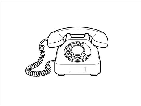 Minimal black‑and‑white line drawing of a classic rotary dial telephone, retro communication icon