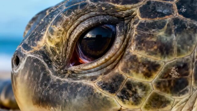 Camera focusing on resting sea turtle head breathing gently on sandy shore, showing sky reflection