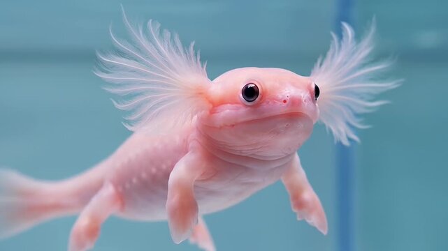 Axolotl swimming calmly in clear blue water