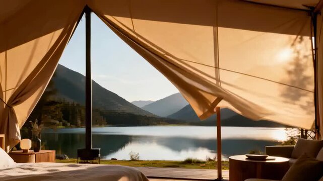 Billowing canvas tent flap catching breeze, revealing bed, lamp and stove on mountain lake deck