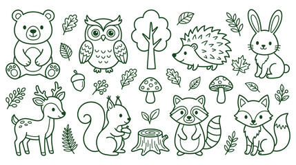 Obraz premium Woodland animal coloring page set with bear deer owl and forest life.