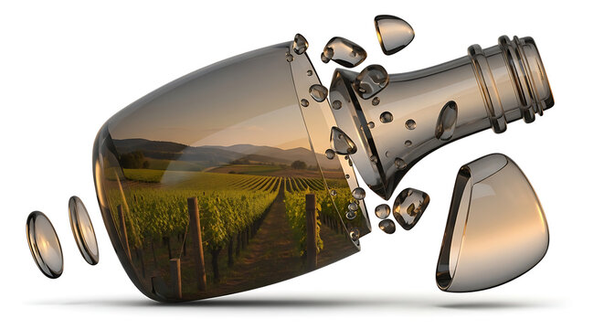Exploding glass bottle revealing lush vineyard landscape at sunset, symbolizing broken tradition or discovery