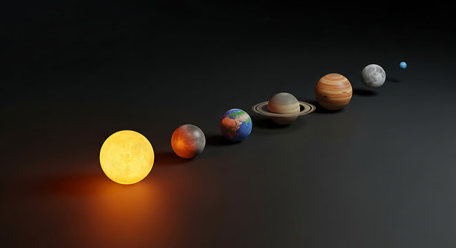 Pixel art solar system with sun and planets in a line on dark background, space exploration and education concept