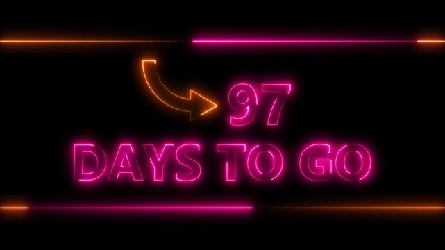 Neon bright text 97 day inside a horizontal banner magenta red color animation. Display day 97 text animation, calendar counter concept.