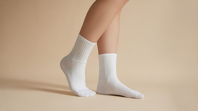 Woman wearing white ribbed crew socks on a neutral studio background