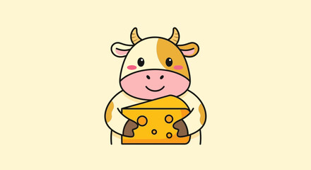 Obraz premium A smiling cow holds cheese outdoors in a cartoon scene happily.