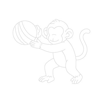 Outline of a cute monkey playing with a ball using big shapes and smooth lines Vector illustration