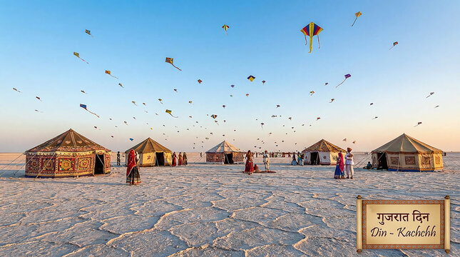 Colorful kites fill the sky over the Rann of Kutch for Gujarat Din. Traditional tents and locals in ethnic attire celebrate on the vast white salt desert under a serene, clear blue horizon.