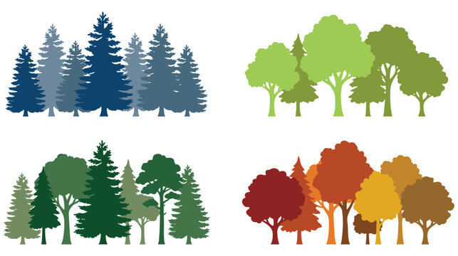 Colorful forest trees set illustration with various natural forms.