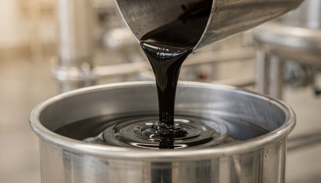Medium shot showcasing lowimpurity coal tar binder flowing smoothly into a container emphasizing purification for superior electrode quality.