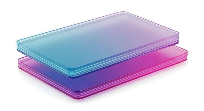 Stack of two holographic glass rectangles with rounded corners, blue and pink gradient, isolated on white background, digital design element