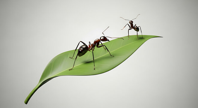 Two detailed ants interacting on a vibrant green leaf against a soft gray background, emphasizing nature and teamwork