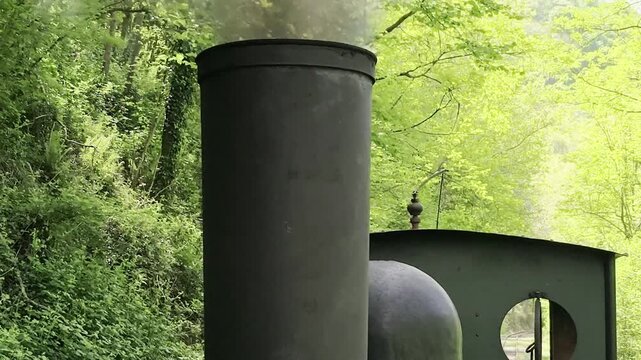 Vista en primer plano de la chimenea de una locomotora de vapor antigua expulsando humo denso mientras circula por una v&iacute;a rural bajo un cielo despejado.
