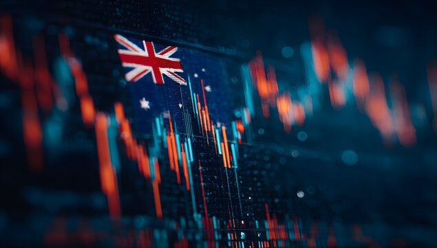Australian stock market chart and flag representing national economy and financial performance with upward and downward trends investment growth business data analysis concept.