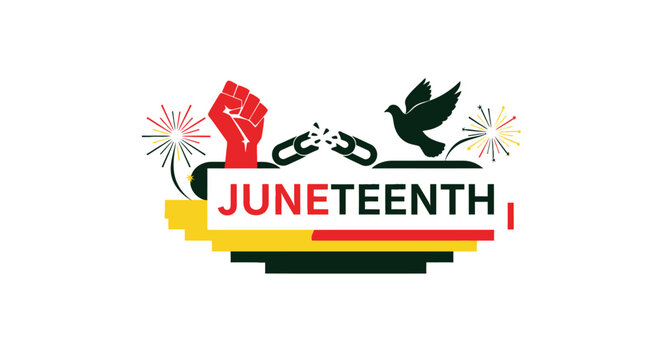 Juneteenth celebration banner with broken chains, raised fist, and dove.