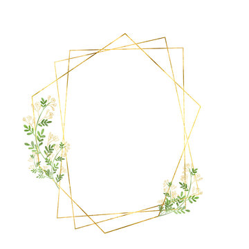 Metallic Gold Geometric Frame with White Floral Accents on Transparent Background. A sophisticated metallic gold geometric frame adorned with delicate white floral accents