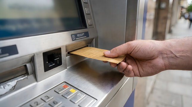 Automated teller machine transaction, hand inserting gold credit card into ATM slot, banking and personal finance concept