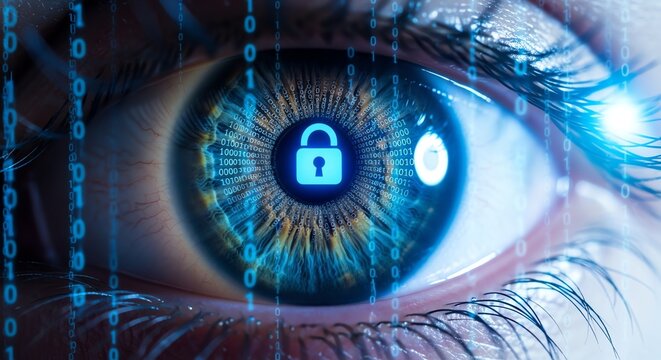 Eye with lock icon and digital code background
