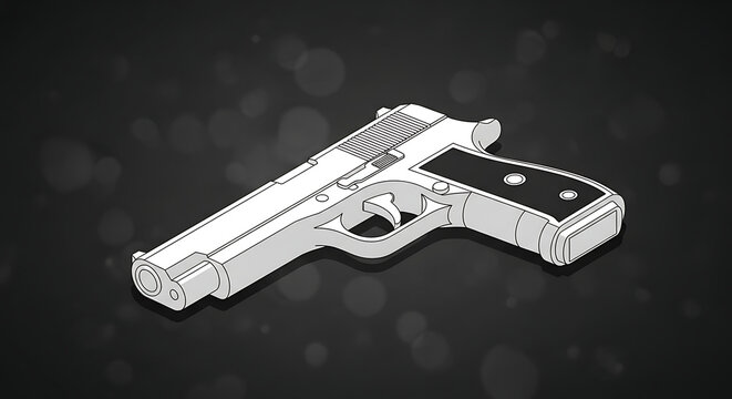 Pixelated handgun, pistol sidearm, firearm, crime symbol, police weapon, isometric view with subtle bokeh background