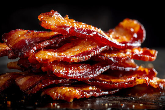 Bacon strips stacked with glaze ready for serving at a pub during snack time with friends enjoying drinks and good company