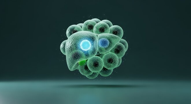 Liver cell 3D render, hepatocyte cluster visualization, metabolic overload zone model, hepatology tissue anatomy study, biochemical detoxification activity analysis