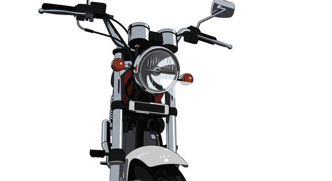 A detailed front perspective of a classic motorcycle showcases a large circular glass headlight and polished chrome handlebars against a stark background.