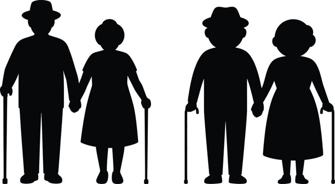 Four elderly individuals holding hands and using canes in pairs