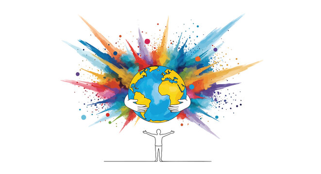 Vibrant, colorful globe illustration, exploding paint, vector earth