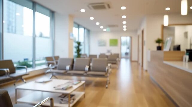 Clean clinic waiting area with natural light and modern seating, softly blurred for zoom or virtual background, smooth left pan motion, calm healthcare environment