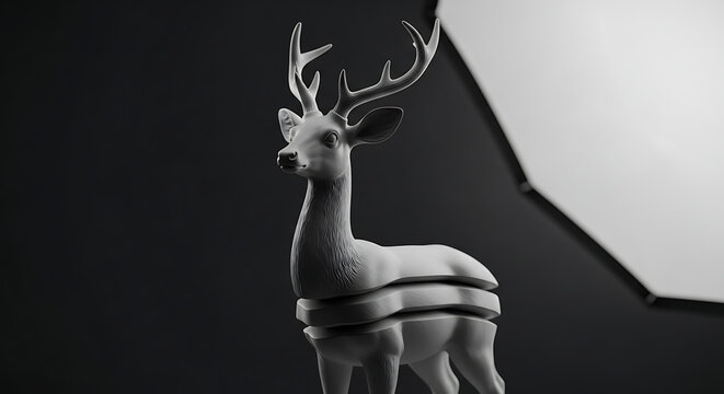 Stylized deer sculpture with segmented body and antlers, illuminated in a studio setting with a softbox diffuser, moody atmosphere