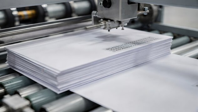 Medium shot capturing automated printing of alphanumeric IDs on envelopes emphasizing variable data customization in modern mail processing.