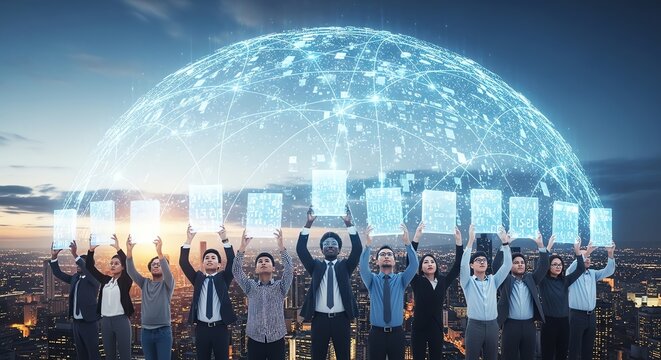Group holding tablets with global network visualization