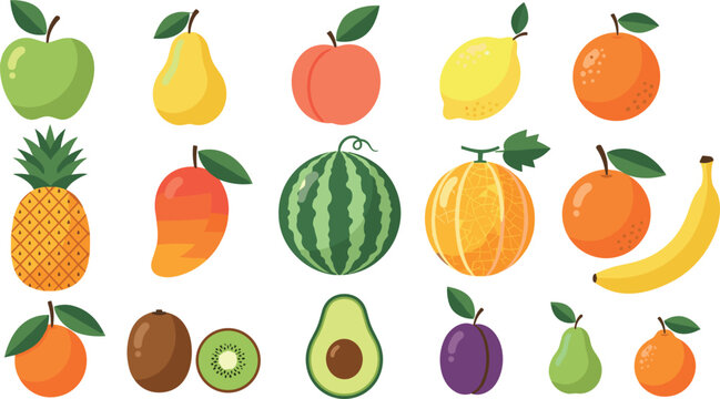 PrintMinColColorful Assorted Fruits Vector Icon Set Featuring Apple, Pear, Peach, Lemon, Orange, Pineapple, Watermelon, Banana, Kiwi and Avocado Flat Illustrationsorful Fresh Fruits Vector.