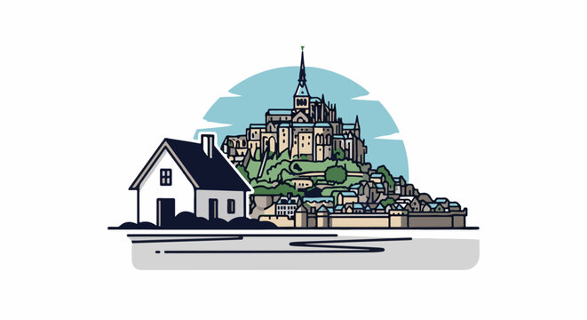 A simplified illustration of a village nestled around a medieval abbey on a hill
