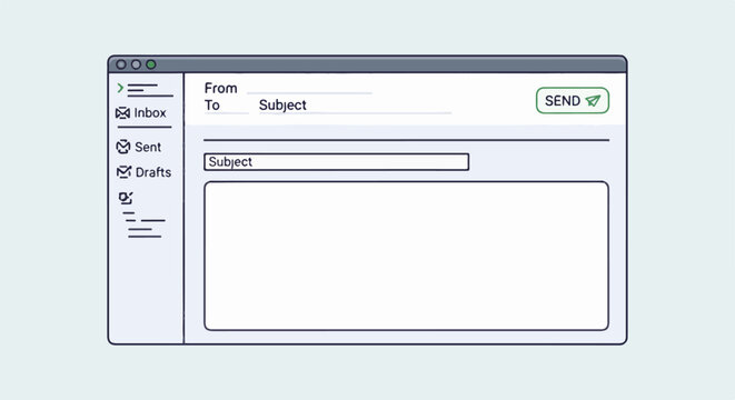 A simplified illustration of an email interface with navigation icons and fields for sender, recipient, subject, and message