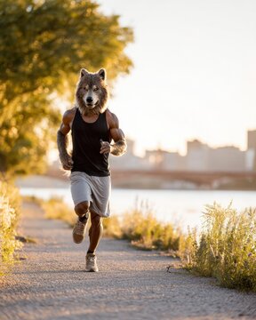 Muscular runner wearing wolf head mask jogging on riverside path at sunrise with city skyline