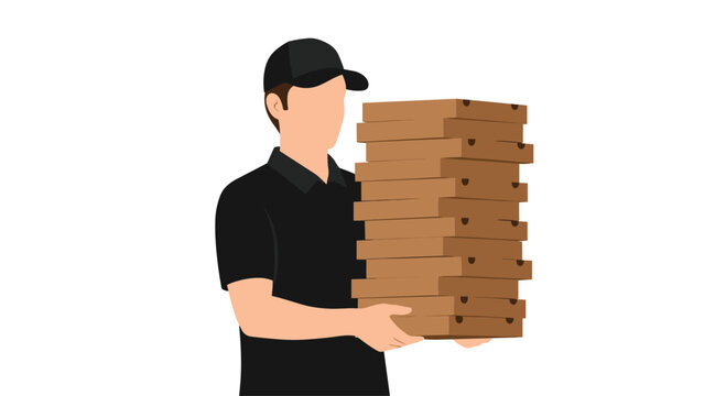 A professional delivery person wearing a sleek black polo shirt and cap holds a very tall stack of plain brown cardboard pizza boxes in a bright setting.