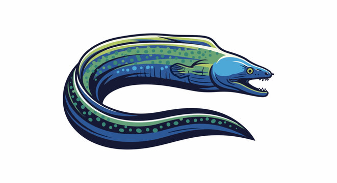 A stylized blue and green moray eel is depicted with its body coiled and mouth open, showing sharp teeth