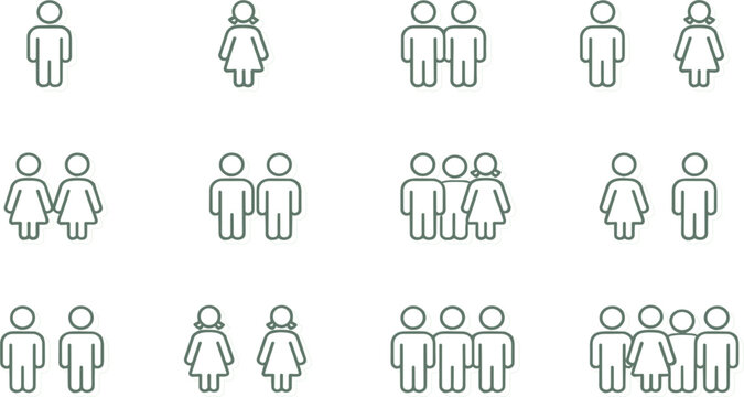 Professional set of thin green line icons showing diverse family members and user groups for web interface design vector