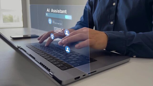 AI assistant interface hologram on laptop screen, user typing with virtual chatbot, artificial intelligence technology concept, digital communication, automation workflow, 4k video frame