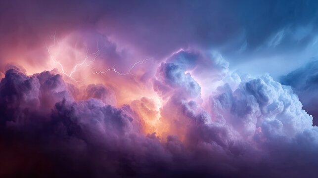 Vivid thunderstorm cloudscape with lightning in glowing purple and blue cumulonimbus clouds