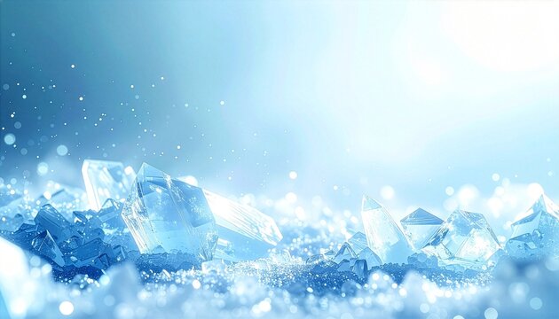 幻想的に光り輝く冬の結晶と氷の結晶がキラキラと舞う明るい青色の抽象背景素材