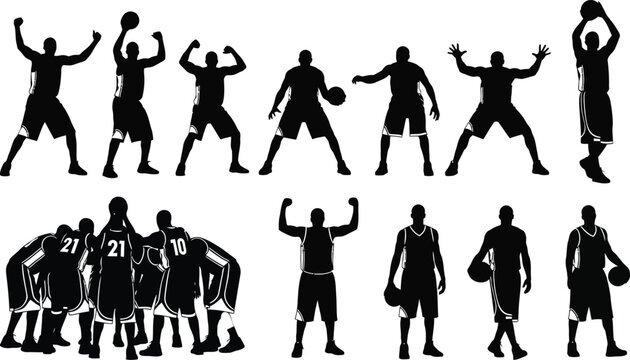 Diverse silhouettes of basketball players in dynamic action poses and team huddle Vector