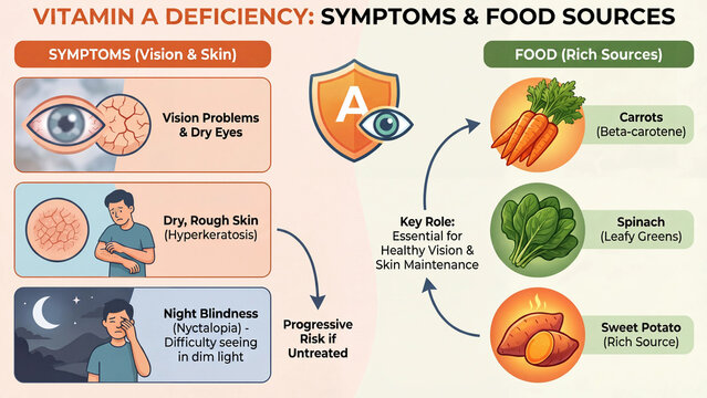 Vitamin A deficiency symptoms including vision problems dry skin and night blindness with dietary food sources such as carrots spinach and sweet potato for eye health