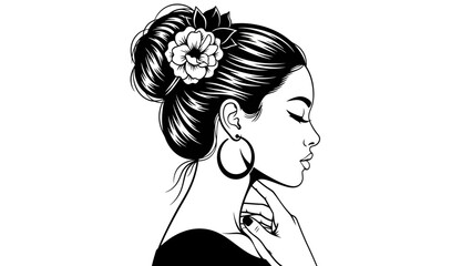 Elegant Woman Portrait, Profile View, Updo Hairstyle with Flower, Large Hoop Earrings, Black and White © ISLAH