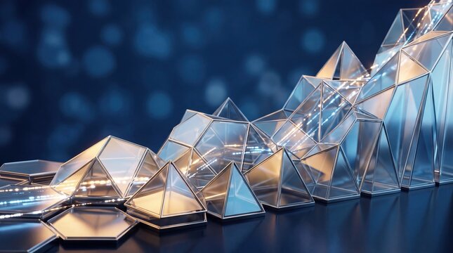 Business chart geometric glass pyramids ascending in a line financial growth graph rising data visualization technology concept modern 3D render blue bokeh background abstract