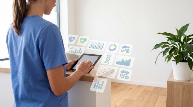 Female nurse or doctor using tablet device for electronic health records digital medical data hologram interface