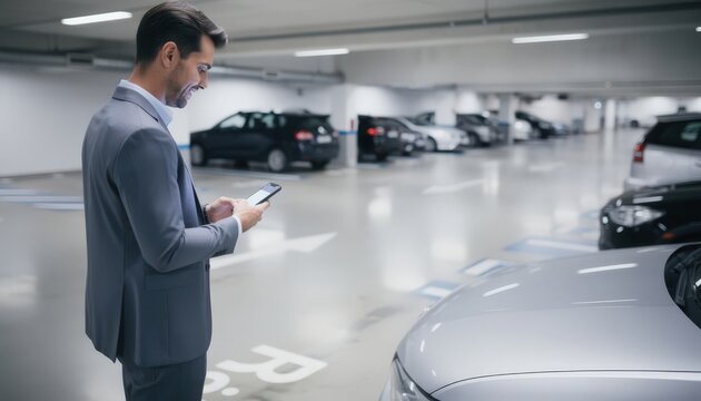 View of a tenant using a smartphone to reserve parking via a digital app in a parking facility highlighting forwardthinking proptech solutions and streamlined tenant experience.