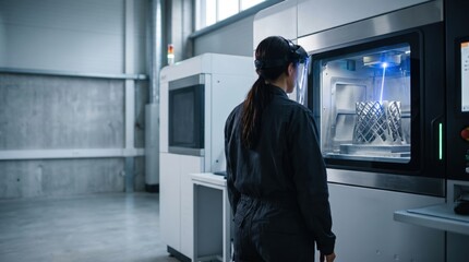 Fototapeta premium Female engineer wearing safety goggles monitoring metal 3D printer laser sintering process in industrial factory laboratory advanced manufacturing technology